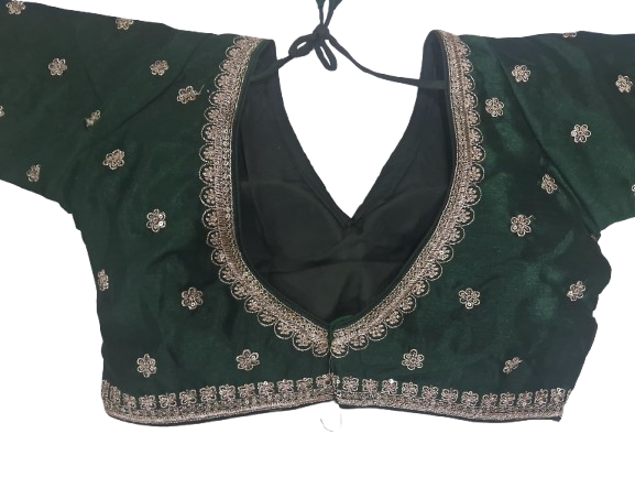 V-Neck Readymade Blouse, Jacquard and Silk, Embroidered, Bridal Wear Green