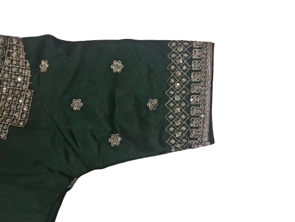 V-Neck Readymade Blouse, Jacquard and Silk, Embroidered, Bridal Wear Green