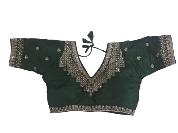 V-Neck Readymade Blouse, Jacquard and Silk, Embroidered, Bridal Wear Green