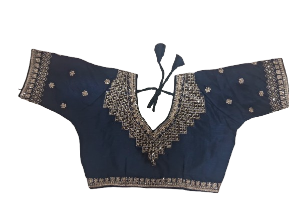 V-Neck Readymade Blouse, Jacquard and Silk, Embroidered, Bridal Wear Green