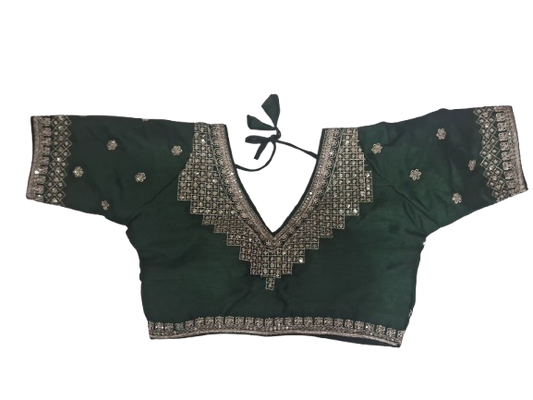 V-Neck Readymade Blouse, Jacquard and Silk, Embroidered, Bridal Wear Green